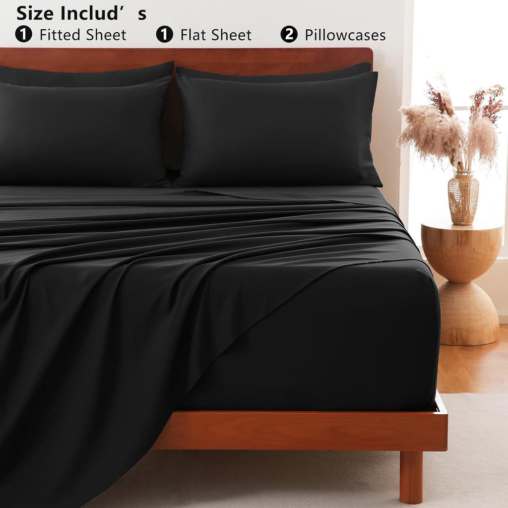 Hotel Soft Bed Sheet Set- Bedding Sheets & Pillowcases -Breathable Bedding - Wrinkle, Fade, Stain Resistant-Deep Pocket Flat Fitted Bed Sheet Set(Black,Single)