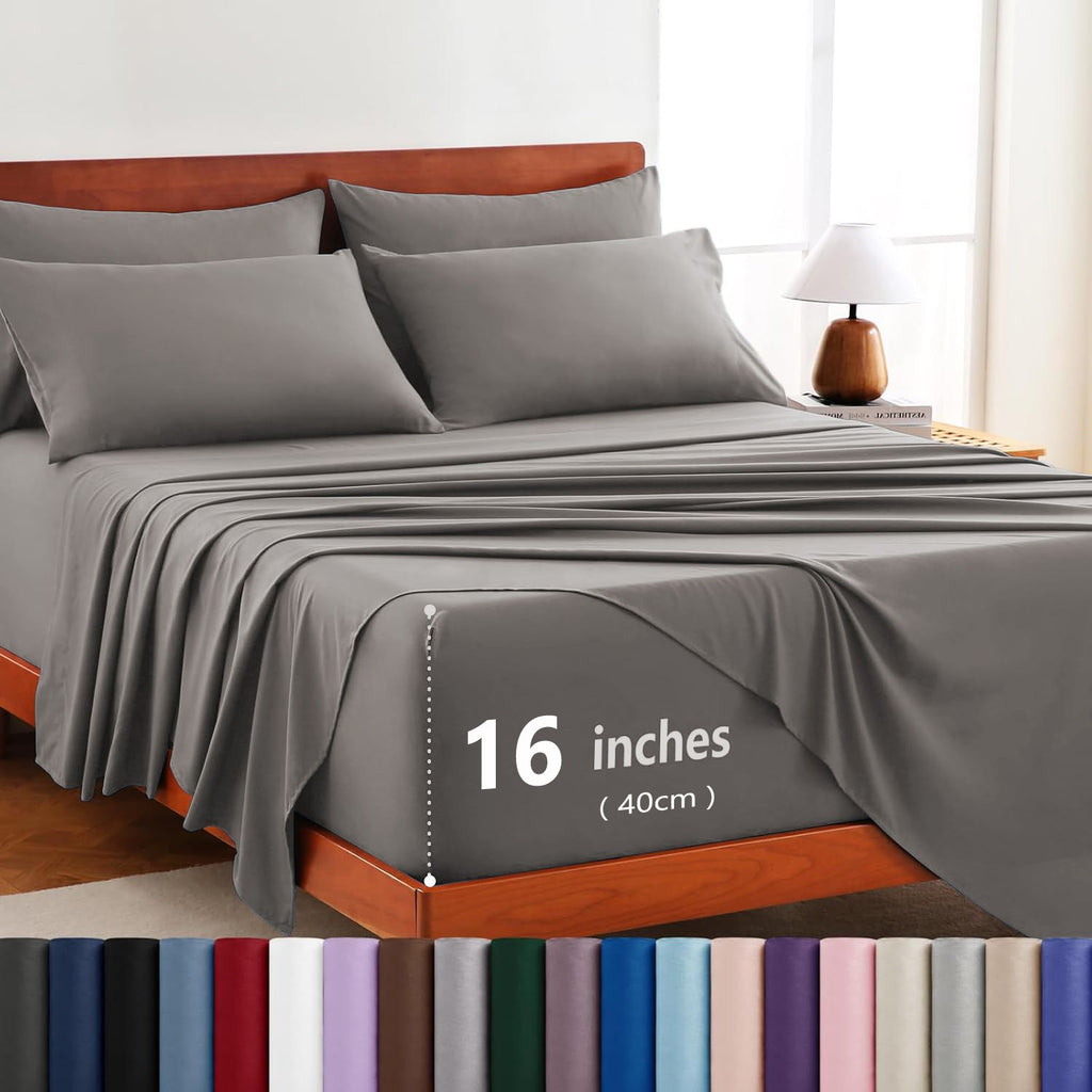 Hotel Soft Bed Sheet Set- Bedding Sheets & Pillowcases -Breathable Bedding - Wrinkle, Fade, Stain Resistant-Deep Pocket Flat Fitted Bed Sheet Set(Grey,Single)