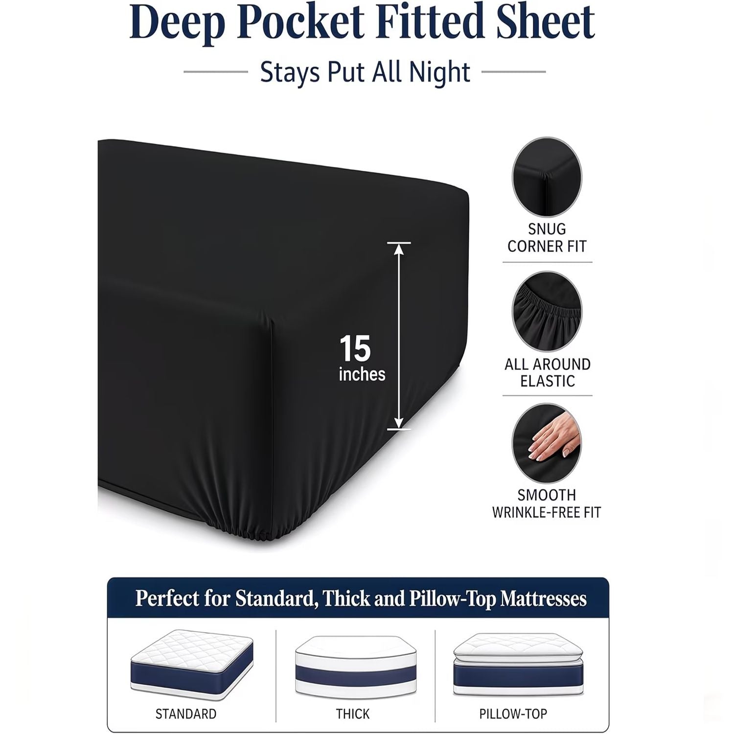 Hotel Quality Fitted Sheet - 1 Piece Fitted Sheet  -Breathable Bedding - Wrinkle, Fade, Stain Resistant- 16inch/40cm Deep Pocket Fitted Bed Sheet-Wrinkle and Fade Resistant,(Black,Single)