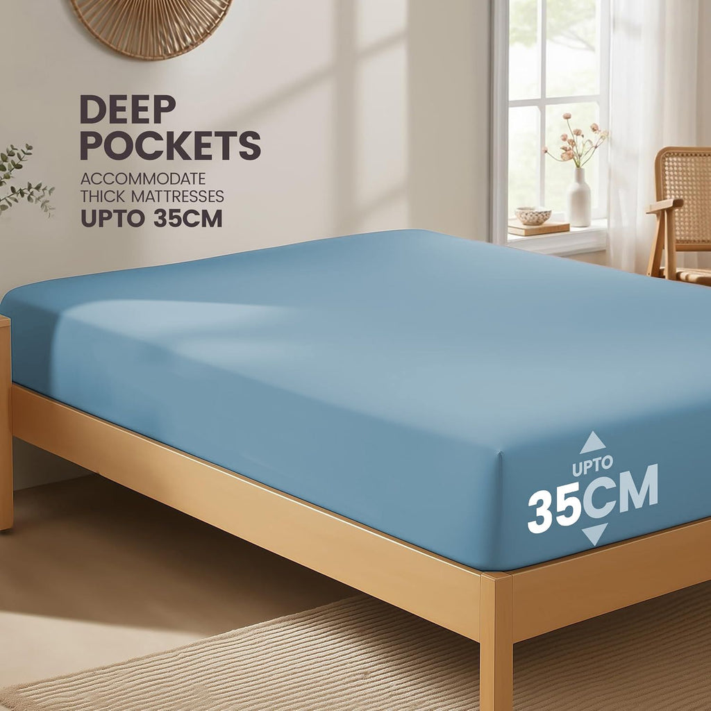 Hotel Quality Fitted Sheet - 1 Piece Fitted Sheet  -Breathable Bedding - Wrinkle, Fade, Stain Resistant- 16inch/40cm Deep Pocket Fitted Bed Sheet-Wrinkle and Fade Resistant,(Ocean,Single)