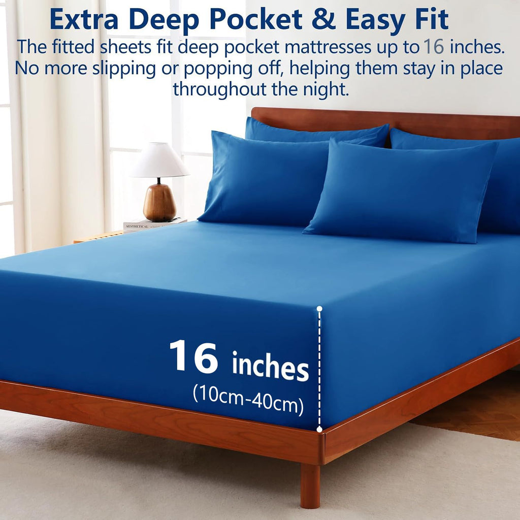 Hotel Soft Bed Sheet Set- Bedding Sheets & Pillowcases -Breathable Bedding - Wrinkle, Fade, Stain Resistant-Deep Pocket Flat Fitted Bed Sheet Set(Royal blue,Super King)