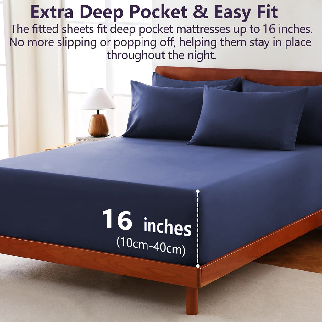 Hotel Soft Bed Sheet Set- Bedding Sheets & Pillowcases -Breathable Bedding - Wrinkle, Fade, Stain Resistant-Deep Pocket Flat Fitted Bed Sheet Set(Navy,Super King)