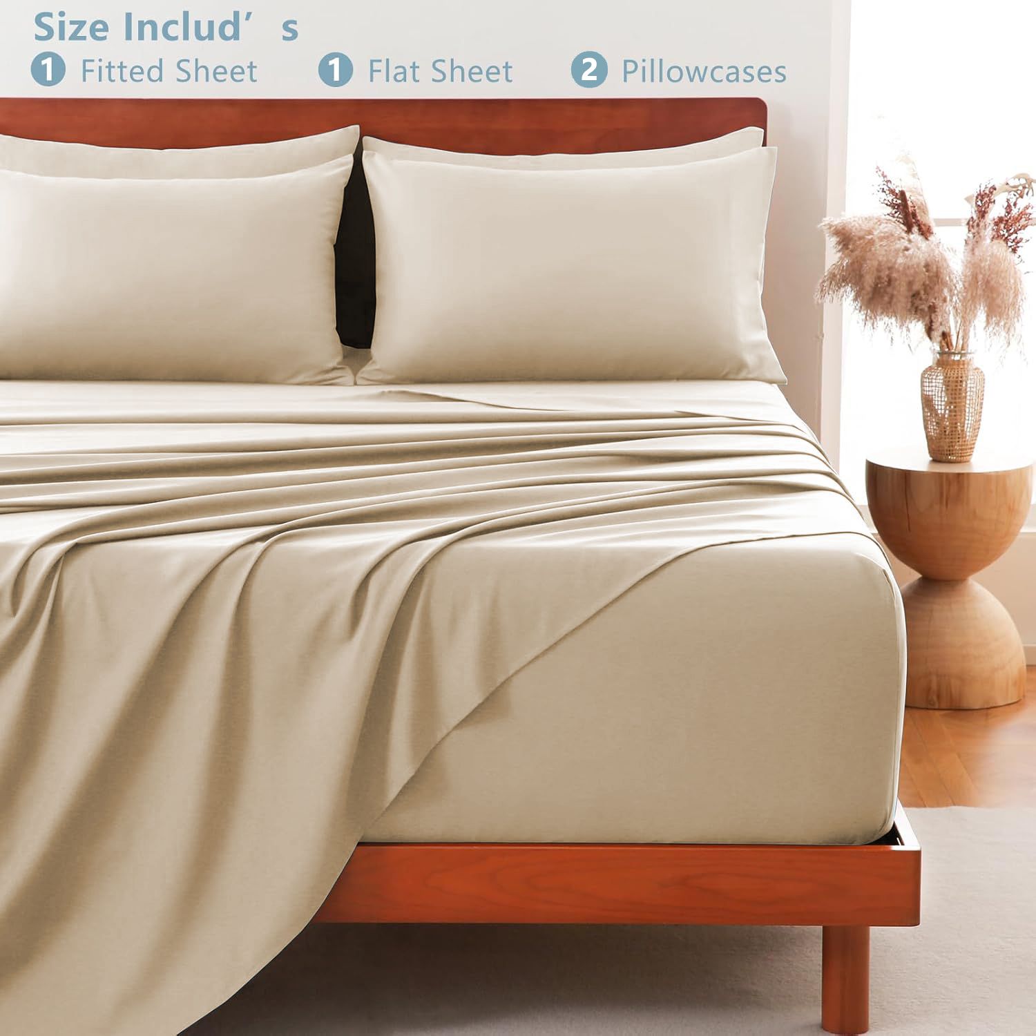 Hotel Soft Bed Sheet Set- Bedding Sheets & Pillowcases -Breathable Bedding - Wrinkle, Fade, Stain Resistant-Deep Pocket Flat Fitted Bed Sheet Set(Camel Beige,Super King)
