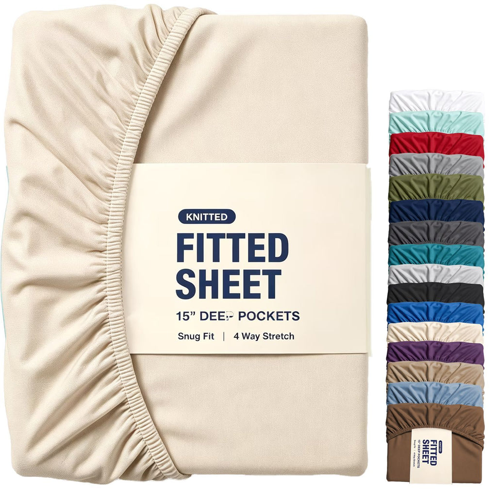 Hotel Quality Fitted Sheet - 1 Piece Fitted Sheet  -Breathable Bedding - Wrinkle, Fade, Stain Resistant- 16inch/40cm Deep Pocket Fitted Bed Sheet-Wrinkle and Fade Resistant,(Cream White,Super King)