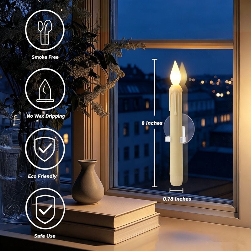 Set of 6 LED Flickering Window Candles with Light Sensor, Battery Operated Dusk to Dawn Auto-On/Off, Realistic 3D Flame, Suction Cup Mount for Christmas Holiday Home Decor (White)