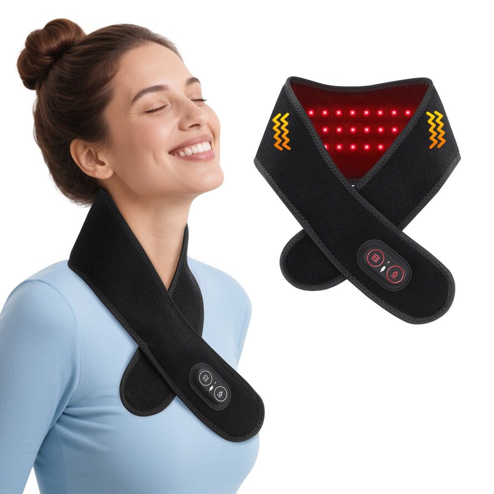 Red Light Therapy Heating Massage Wrap – Wireless Cordless Design with 36 LED Lights, 660-850nm Infrared, 3 Heat Levels, 3 Vibration Modes, Rechargeable 3000mAh Battery, for Neck, Shoulders, Waist, Knees, and More (Black)