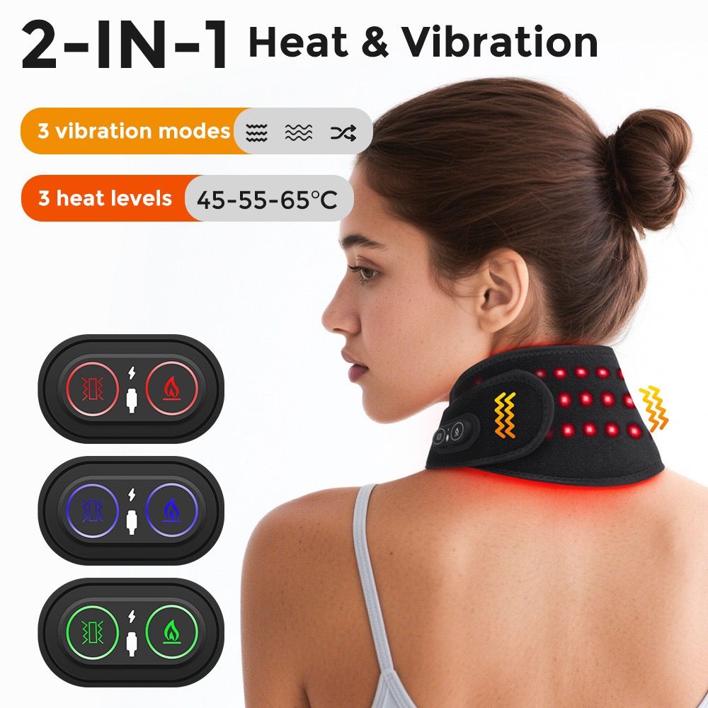 Red Light Therapy Heating Massage Wrap – Wireless Cordless Design with 36 LED Lights, 660-850nm Infrared, 3 Heat Levels, 3 Vibration Modes, Rechargeable 3000mAh Battery, for Neck, Shoulders, Waist, Knees, and More (Black)