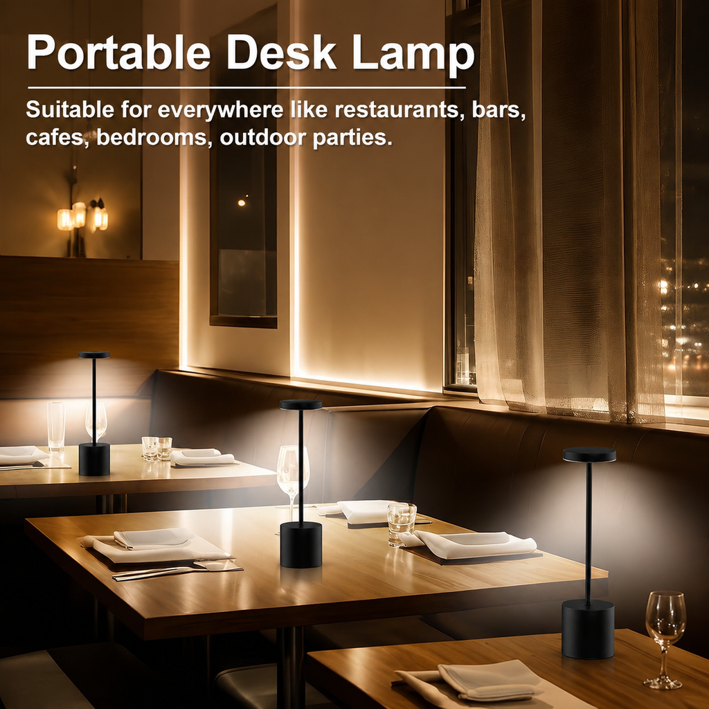 Rechargeable Cordless Touch Control LED Desk Lamp with Anodized Aluminum Build, Dimmable Warm Light, and Long Battery Life for Home, Café, Bar, and Outdoor Use (Black)