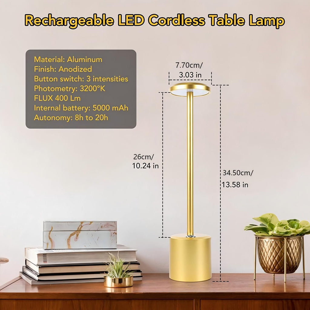 Rechargeable Cordless Touch Control LED Desk Lamp with Anodized Aluminum Build, Dimmable Warm Light, and Long Battery Life for Home, Café, Bar, and Outdoor Use (Black)
