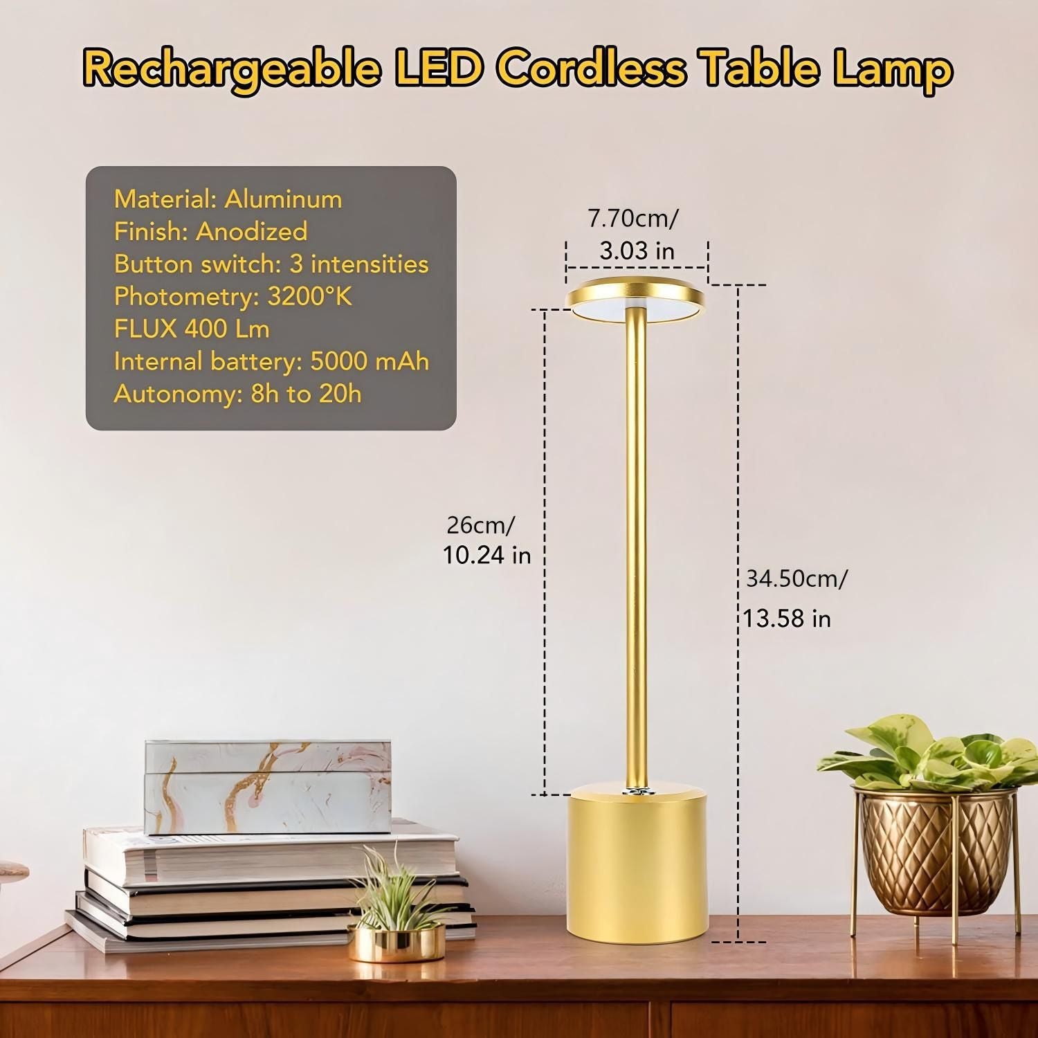 Rechargeable Cordless Touch Control LED Desk Lamp with Anodized Aluminum Build, Dimmable Warm Light, and Long Battery Life for Home, Café, Bar, and Outdoor Use (Gold)