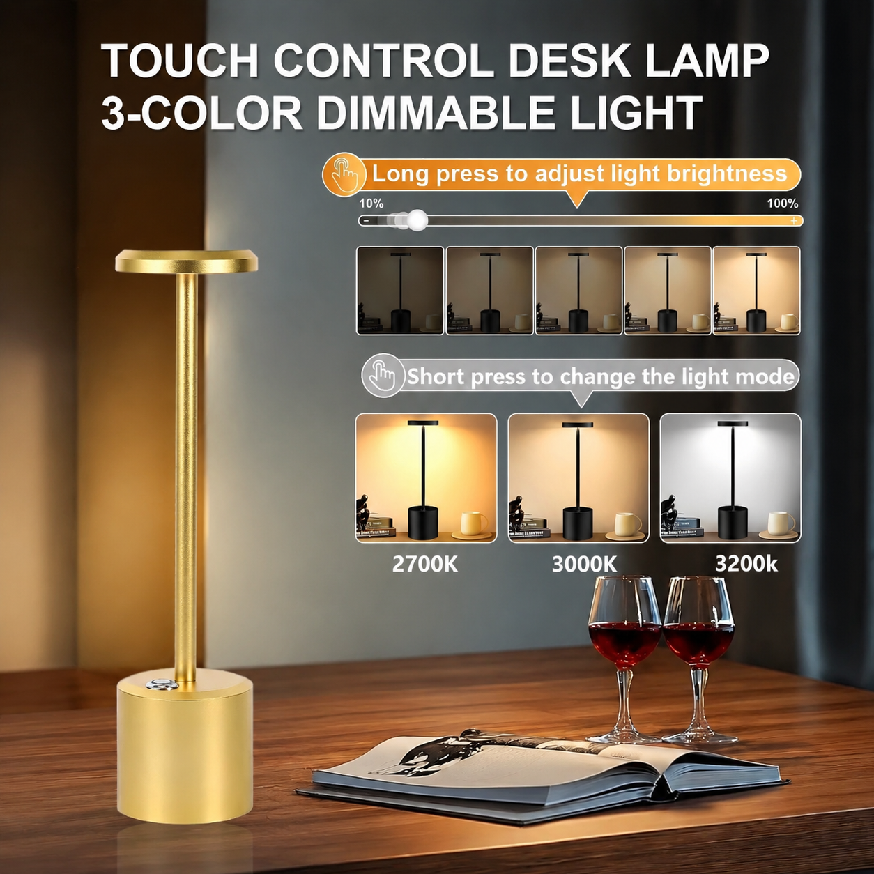 Rechargeable Cordless Touch Control LED Desk Lamp with Anodized Aluminum Build, Dimmable Warm Light, and Long Battery Life for Home, Café, Bar, and Outdoor Use (Gold)