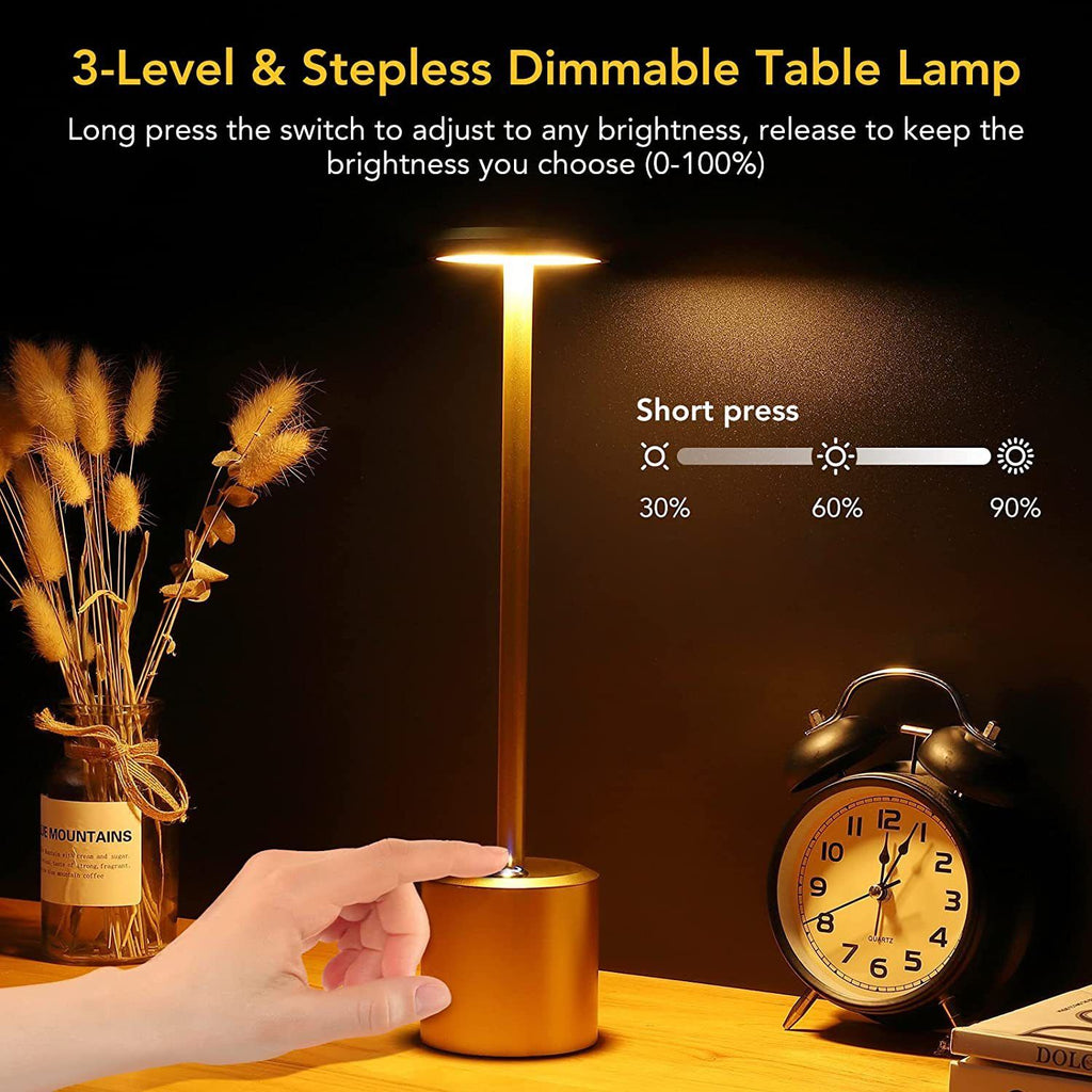 Rechargeable Cordless Touch Control LED Desk Lamp with Anodized Aluminum Build, Dimmable Warm Light, and Long Battery Life for Home, Café, Bar, and Outdoor Use (Gold)