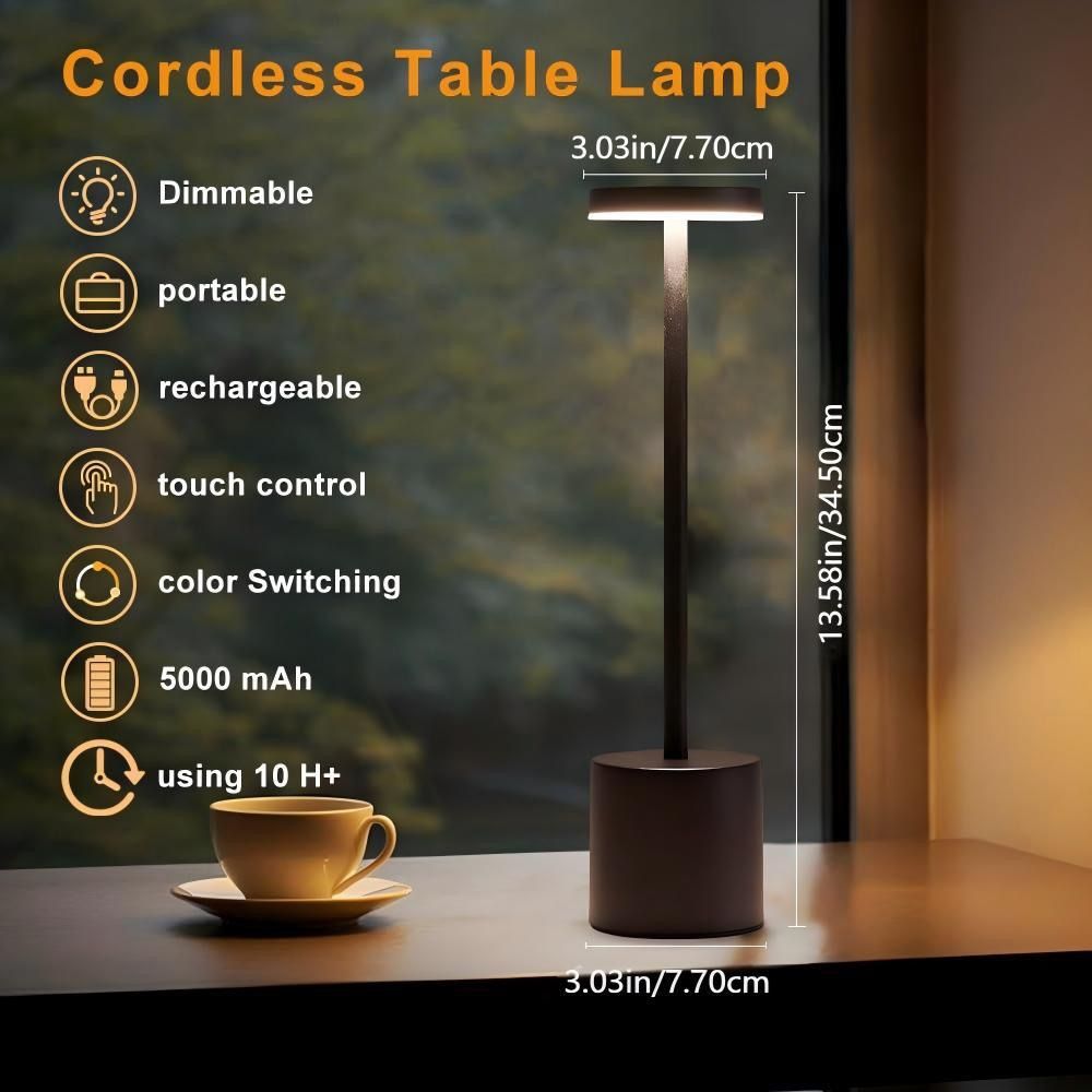 Rechargeable Cordless Touch Control LED Desk Lamp with Anodized Aluminum Build, Dimmable Warm Light, and Long Battery Life for Home, Café, Bar, and Outdoor Use (Gold)