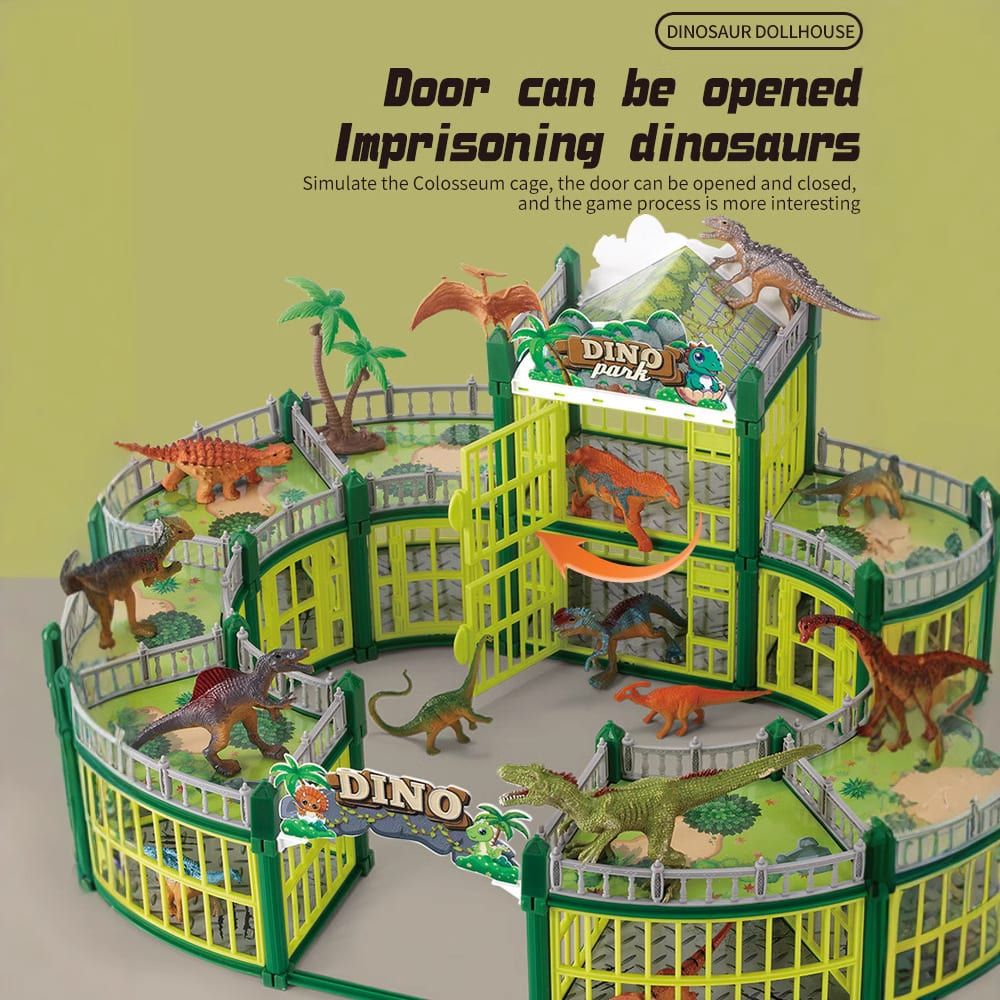 DIY Jurassic Theme Park Building Set for Kids, Creative Dinosaur Arena Toy with Realistic Dinosaurs and Palm Trees, Educational Playset for Ages 3+ to Build and Explore (215PCS, Brown)