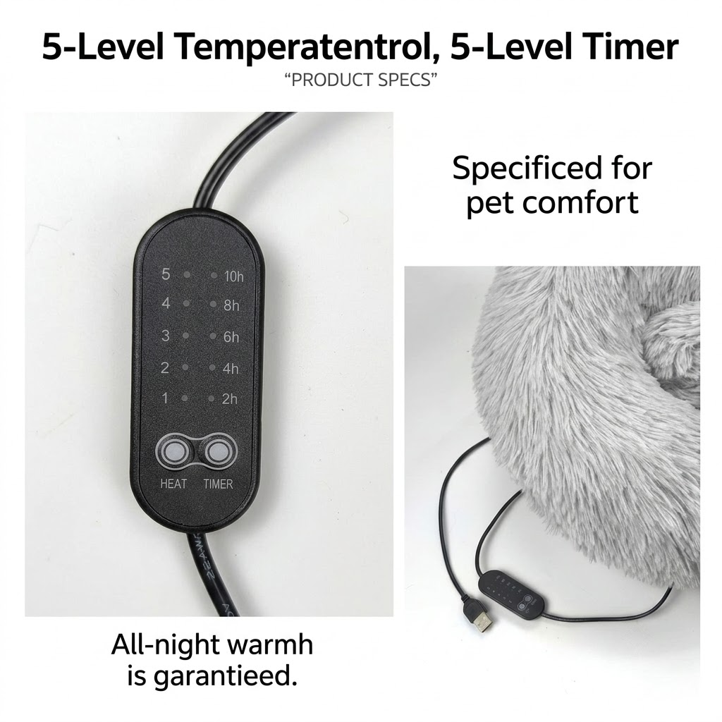 Heated Pet Bed for Cats and Small Dogs, USB-Powered Warmth with 5 Temperature Settings and Timer, Washable Round Cozy Couch for Indoor Comfort (70cm)
