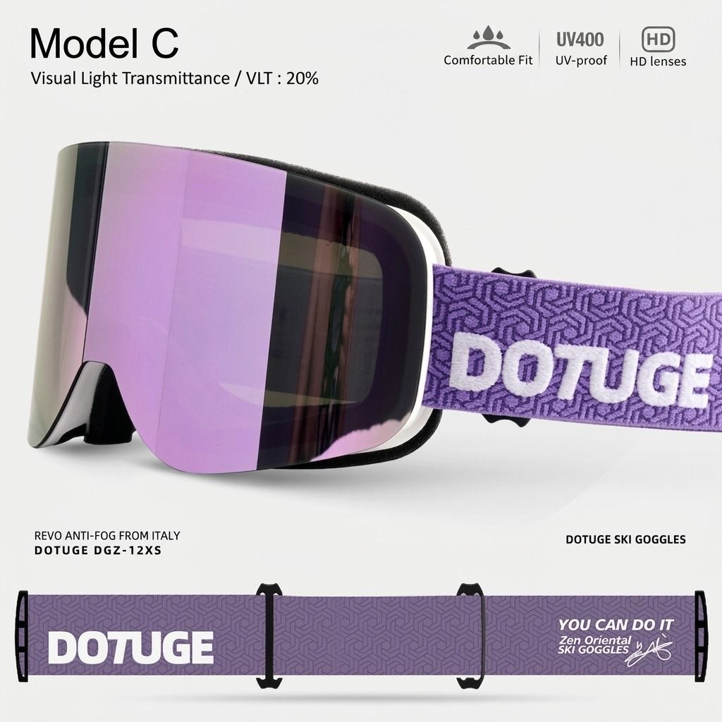 DOTUGE DGZ-12XS Ski Goggles with Italian REVO Coated Dual-Layer Anti-Fog Lens, UV400 Protection, Large Cylindrical Wide View, Compatible with Prescription Glasses, for Skiing and Snow Sports (A)