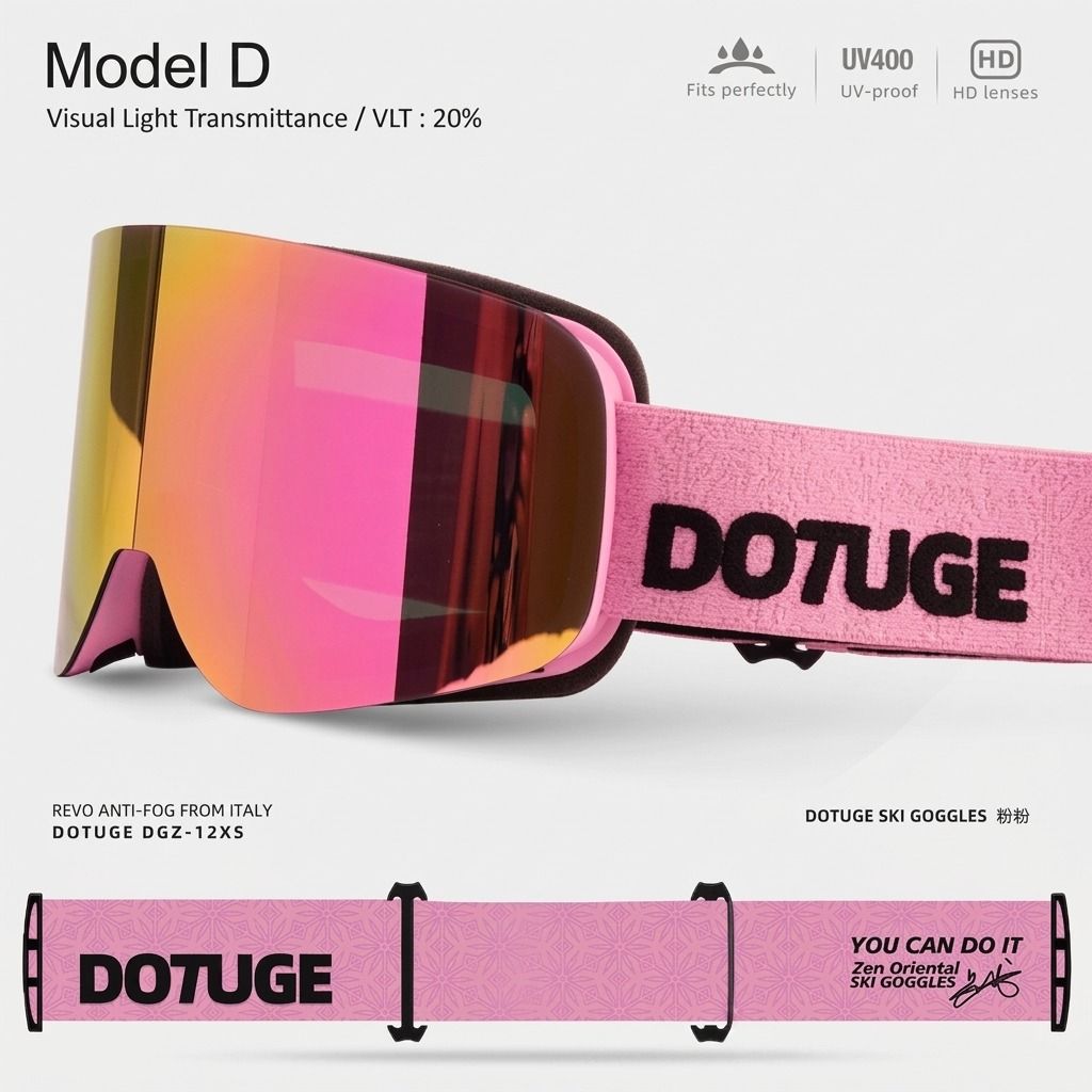 DOTUGE DGZ-12XS Ski Goggles with Italian REVO Coated Dual-Layer Anti-Fog Lens, UV400 Protection, Large Cylindrical Wide View, Compatible with Prescription Glasses, for Skiing and Snow Sports (C)