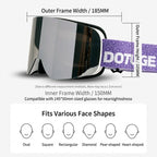 DOTUGE DGZ-12XS Ski Goggles with Italian REVO Coated Dual-Layer Anti-Fog Lens, UV400 Protection, Large Cylindrical Wide View, Compatible with Prescription Glasses, for Skiing and Snow Sports (F)