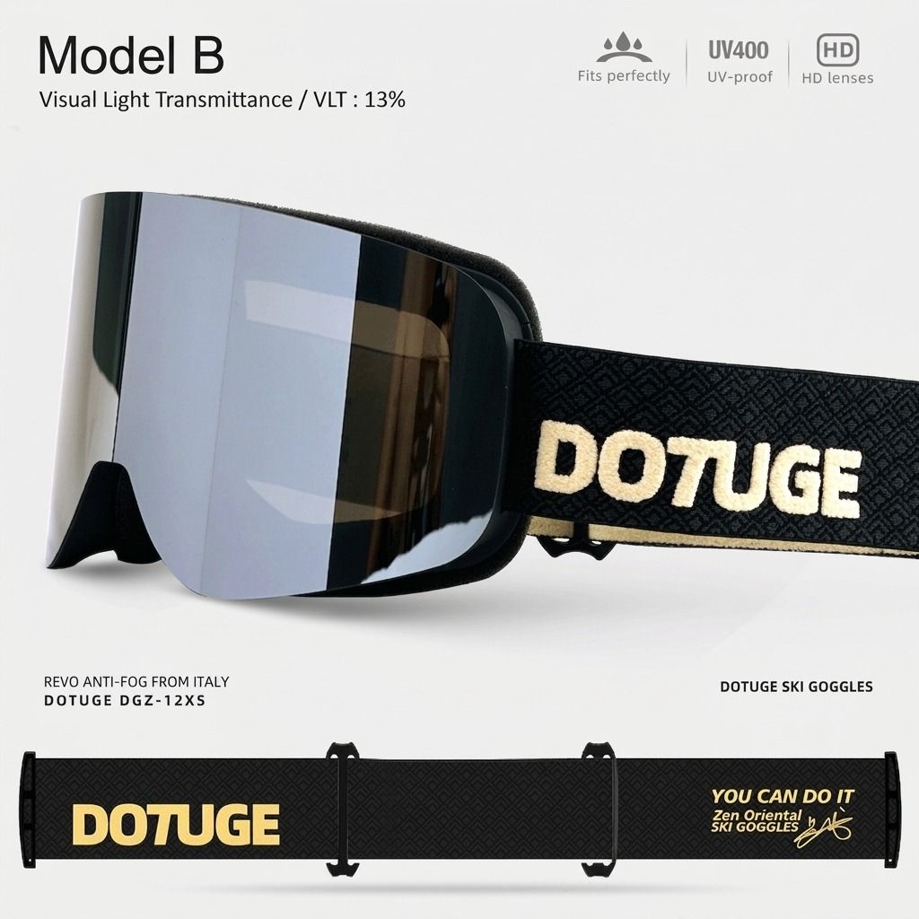 DOTUGE DGZ-12XS Ski Goggles with Italian REVO Coated Dual-Layer Anti-Fog Lens, UV400 Protection, Large Cylindrical Wide View, Compatible with Prescription Glasses, for Skiing and Snow Sports (F)