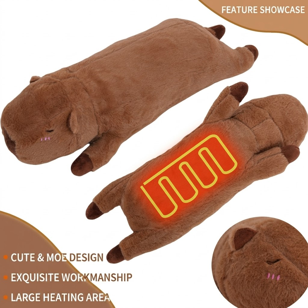 USB-Powered Capybara Plush Heating Pillow – Cute Cartoon Animal Design for Warmth and Comfort, Perfect for Belly, Waist, and Neck Heat Therapy, Ideal as a Cozy Hugging Companion for Home and Office Use (Brown)