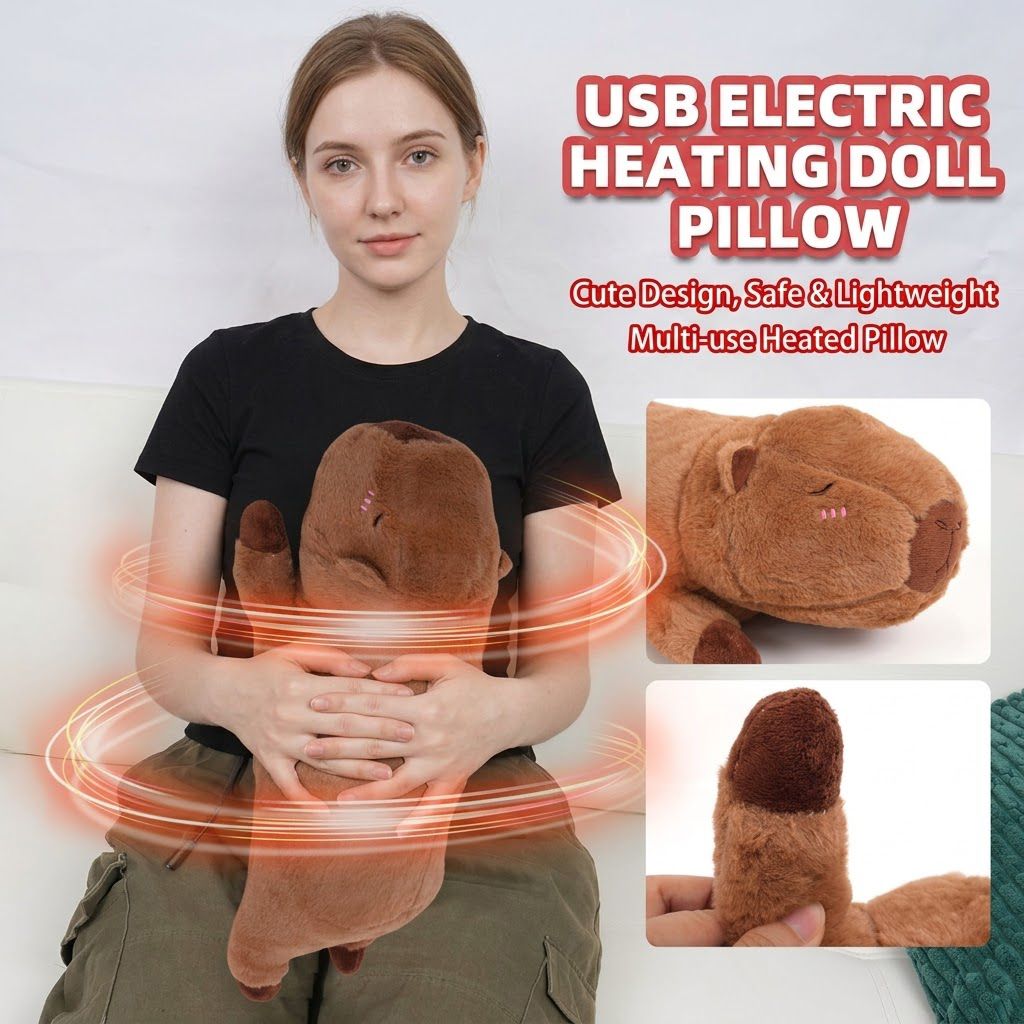 USB-Powered Capybara Plush Heating Pillow – Cute Cartoon Animal Design for Warmth and Comfort, Perfect for Belly, Waist, and Neck Heat Therapy, Ideal as a Cozy Hugging Companion for Home and Office Use (Brown)