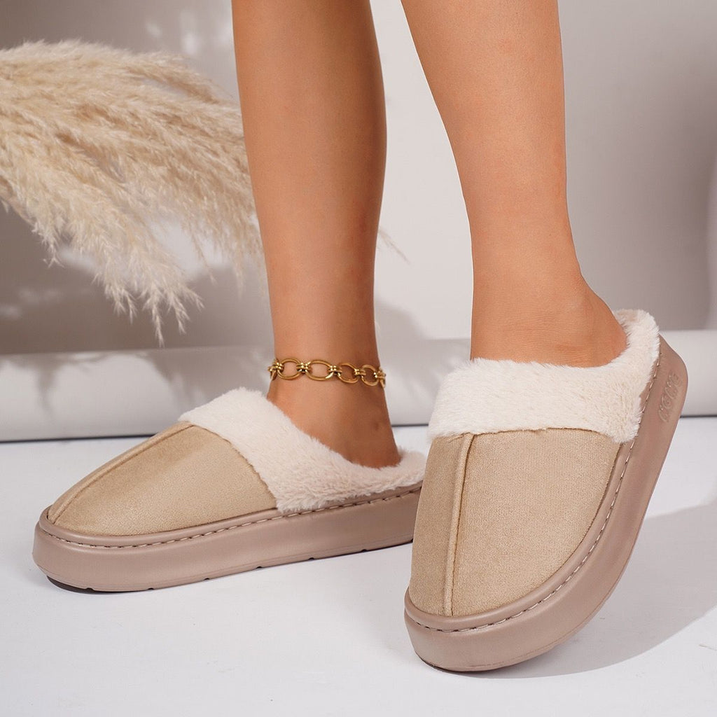 Cozy Faux Suede and Plush Fur Slippers for Women and Men, Thick Anti-Slip Sole for Indoor and Outdoor Wear, Warm House Shoes for Cold Seasons, Simple Lace Trim Style (S(36-37), Brown)