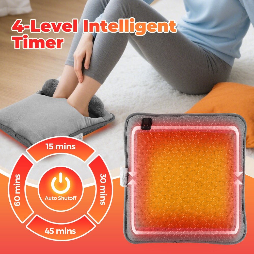 USB-Powered Electric Foot Warmer with 4 Temperature Settings and Timer, Soft Plush Heated Foot Pad for Home Office Travel, Multipurpose Hand Knee Belly Warmer (Grey)