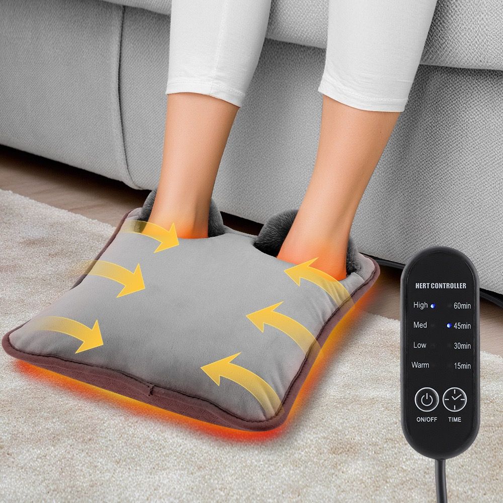 USB-Powered Electric Foot Warmer with 4 Temperature Settings and Timer, Soft Plush Heated Foot Pad for Home Office Travel, Multipurpose Hand Knee Belly Warmer (Grey)