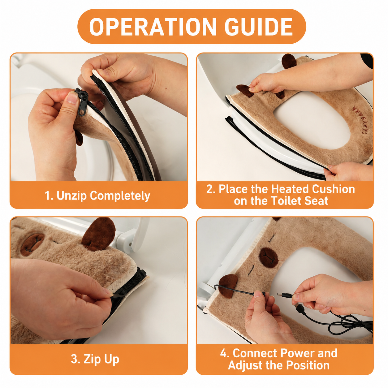 USB Heated Toilet Seat Cover with Capybara Design – Soft Plush, Washable, Fast Heating, 5-Level Temperature & Timer Control for Cozy Winter Bathroom Use (Pink)