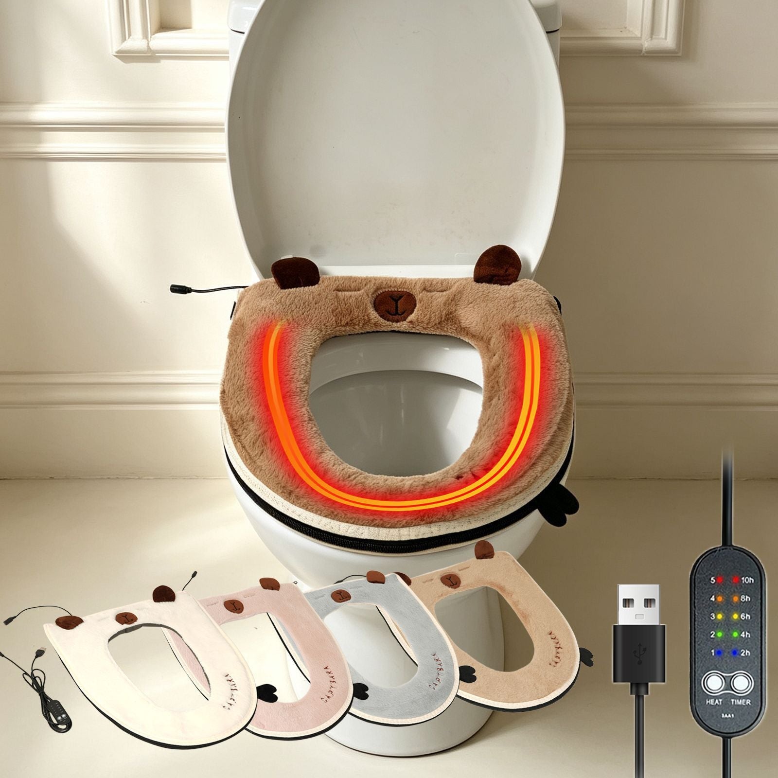 USB Heated Toilet Seat Cover with Capybara Design – Soft Plush, Washable, Fast Heating, 5-Level Temperature & Timer Control for Cozy Winter Bathroom Use (White)