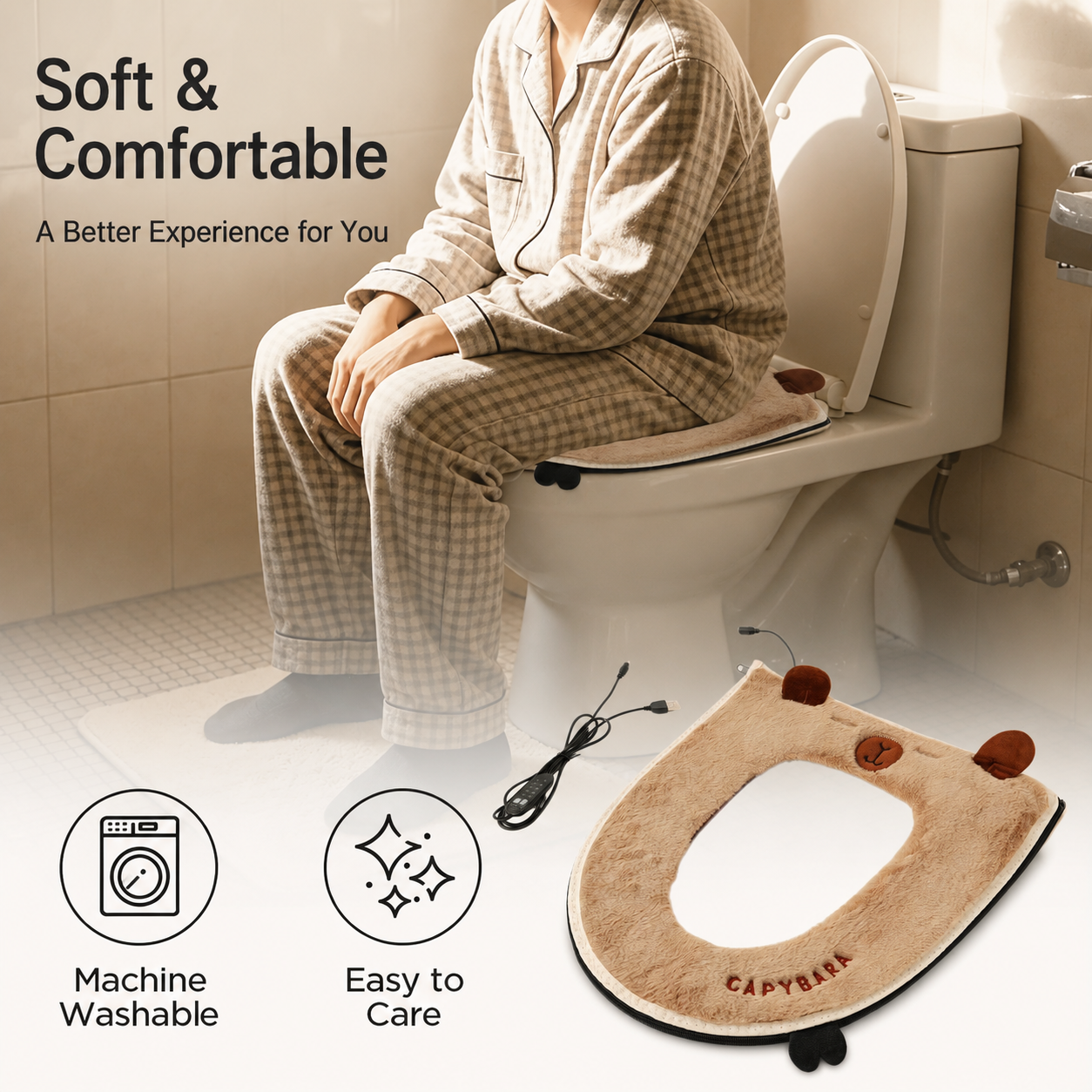 USB Heated Toilet Seat Cover with Capybara Design – Soft Plush, Washable, Fast Heating, 5-Level Temperature & Timer Control for Cozy Winter Bathroom Use (White)