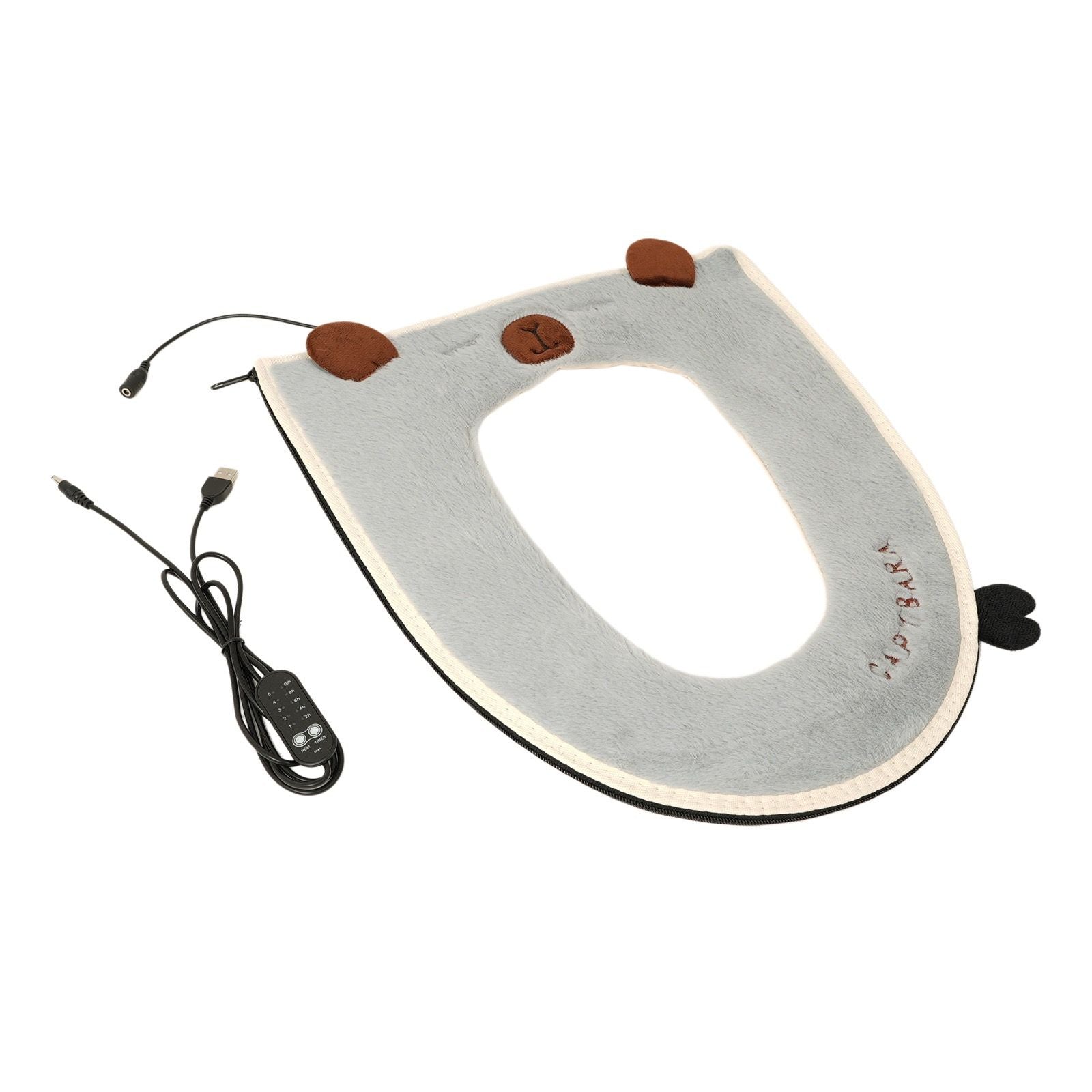 USB Heated Toilet Seat Cover with Capybara Design – Soft Plush, Washable, Fast Heating, 5-Level Temperature & Timer Control for Cozy Winter Bathroom Use (White)