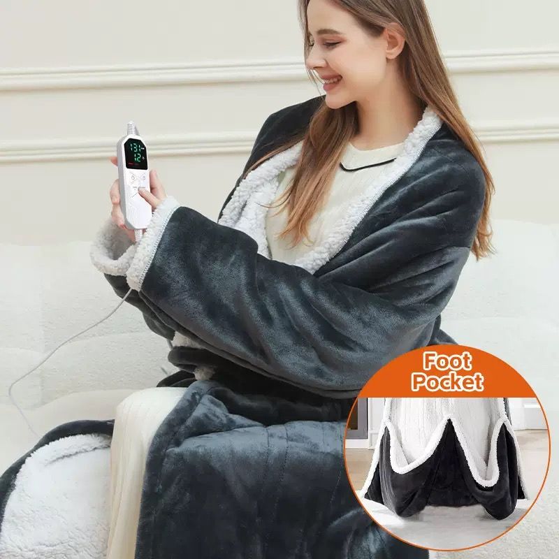 Cozy Wearable Heated Blanket with Sleeves and Foot Pocket – Reversible Fleece & Sherpa, Adjustable Temperature & Timer, Perfect for Sofa, Desk, Bed, Indoor Use (Grey)