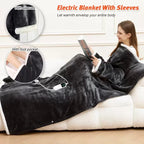 Cozy Wearable Heated Blanket with Sleeves and Foot Pocket – Reversible Fleece & Sherpa, Adjustable Temperature & Timer, Perfect for Sofa, Desk, Bed, Indoor Use (Grey)