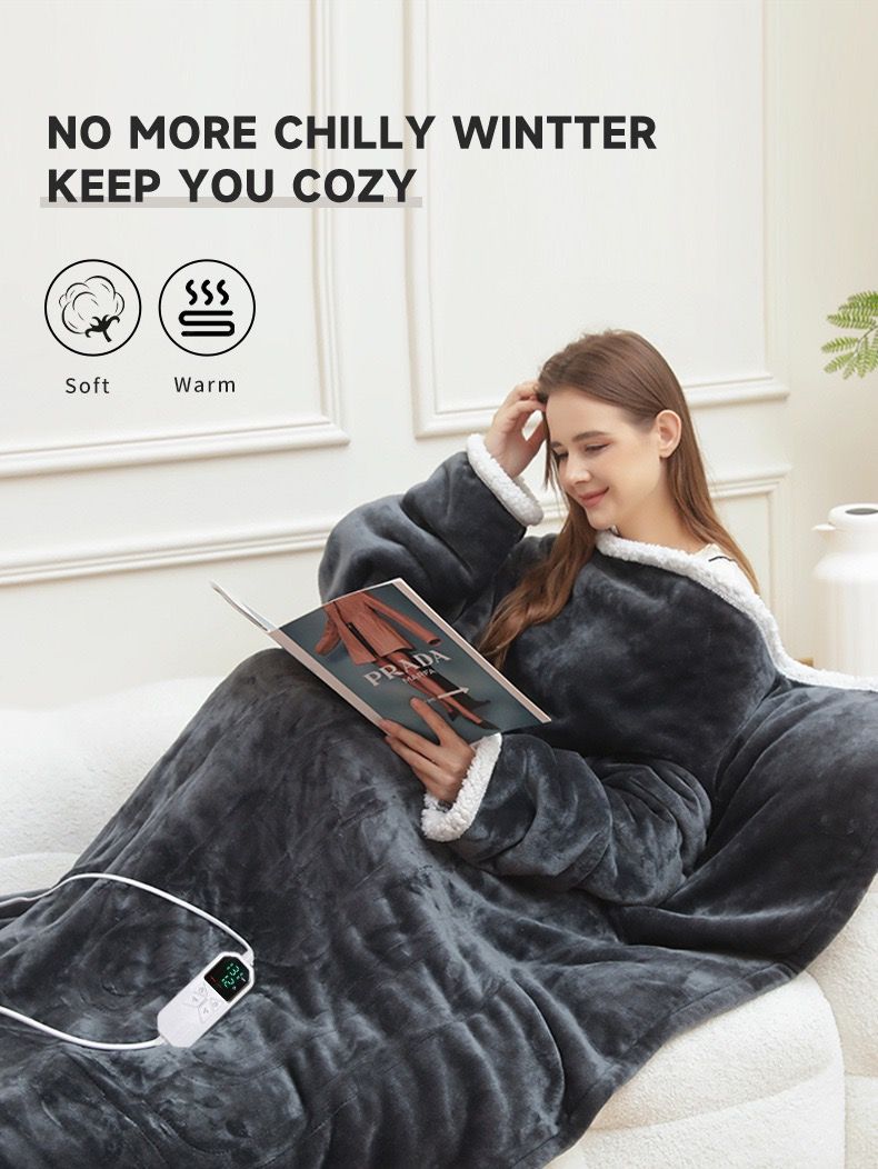 Cozy Wearable Heated Blanket with Sleeves and Foot Pocket – Reversible Fleece & Sherpa, Adjustable Temperature & Timer, Perfect for Sofa, Desk, Bed, Indoor Use (Grey)
