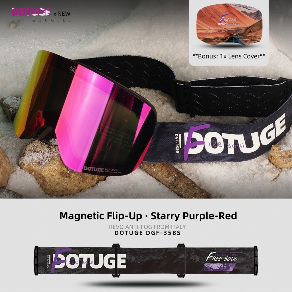 DOTUGE Magnetic Flip-Up Ski Goggles with Dual Frame Design, Anti-Fog HD Lens, Impact-Resistant TPU Frame, and Adjustable Strap for Winter Snow Sports (DreamPurple)