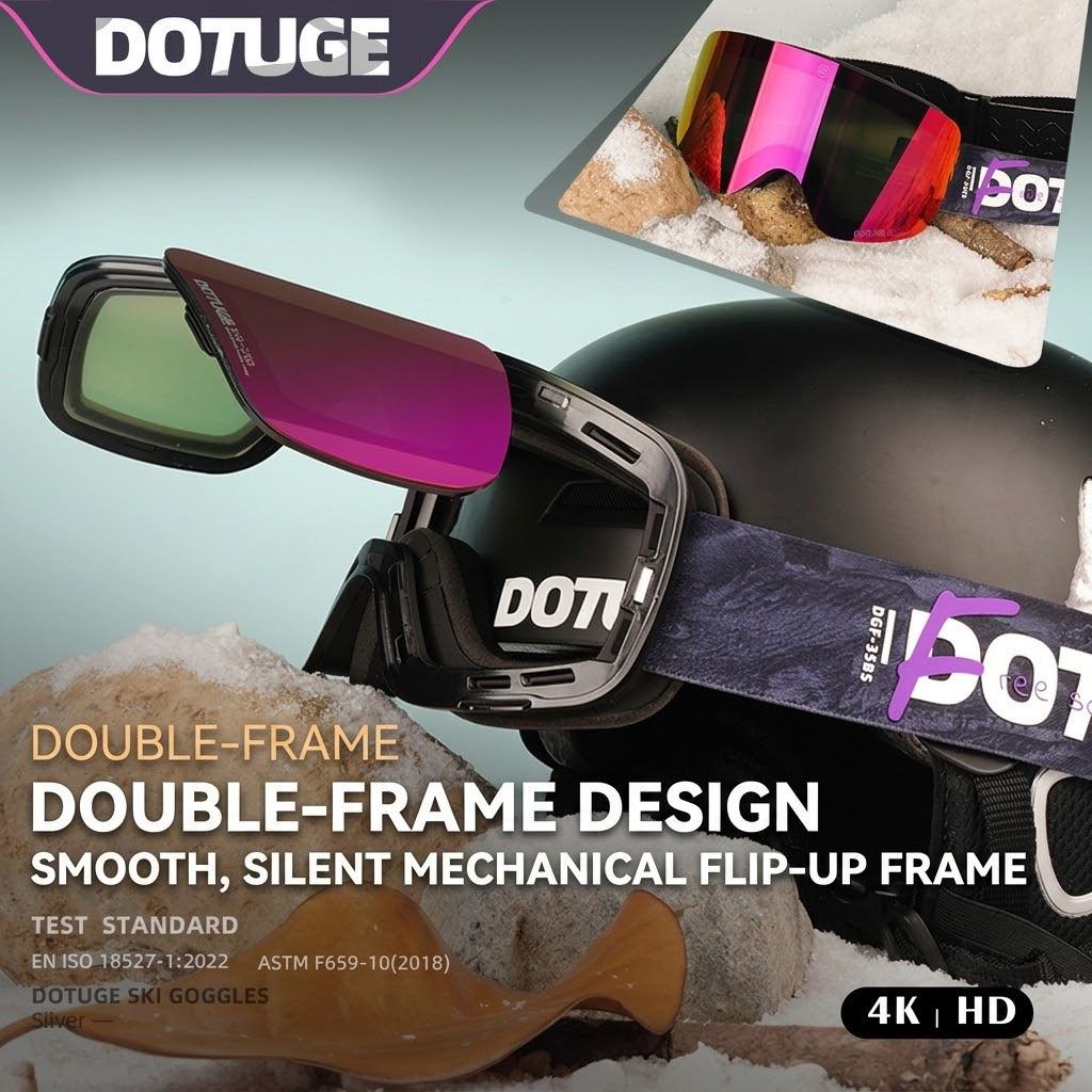DOTUGE Magnetic Flip-Up Ski Goggles with Dual Frame Design, Anti-Fog HD Lens, Impact-Resistant TPU Frame, and Adjustable Strap for Winter Snow Sports (ObsidianBlack)