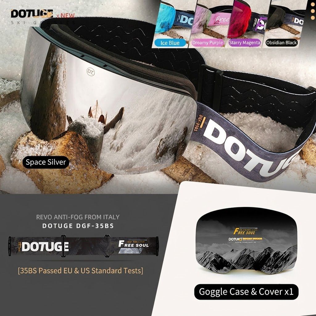 DOTUGE Magnetic Flip-Up Ski Goggles with Dual Frame Design, Anti-Fog HD Lens, Impact-Resistant TPU Frame, and Adjustable Strap for Winter Snow Sports (ObsidianBlack)