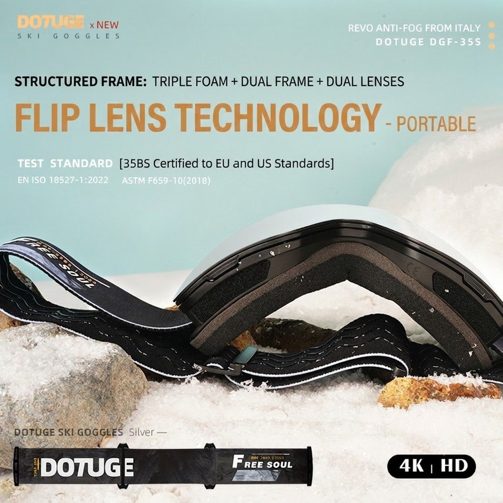 DOTUGE Magnetic Flip-Up Ski Goggles with Dual Frame Design, Anti-Fog HD Lens, Impact-Resistant TPU Frame, and Adjustable Strap for Winter Snow Sports (Rose)