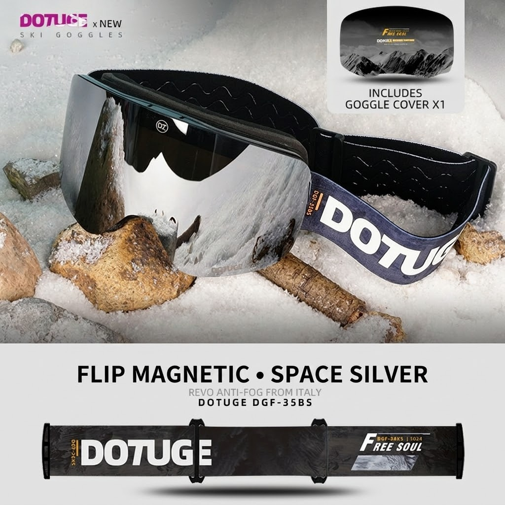 DOTUGE Magnetic Flip-Up Ski Goggles with Dual Frame Design, Anti-Fog HD Lens, Impact-Resistant TPU Frame, and Adjustable Strap for Winter Snow Sports (Rose)