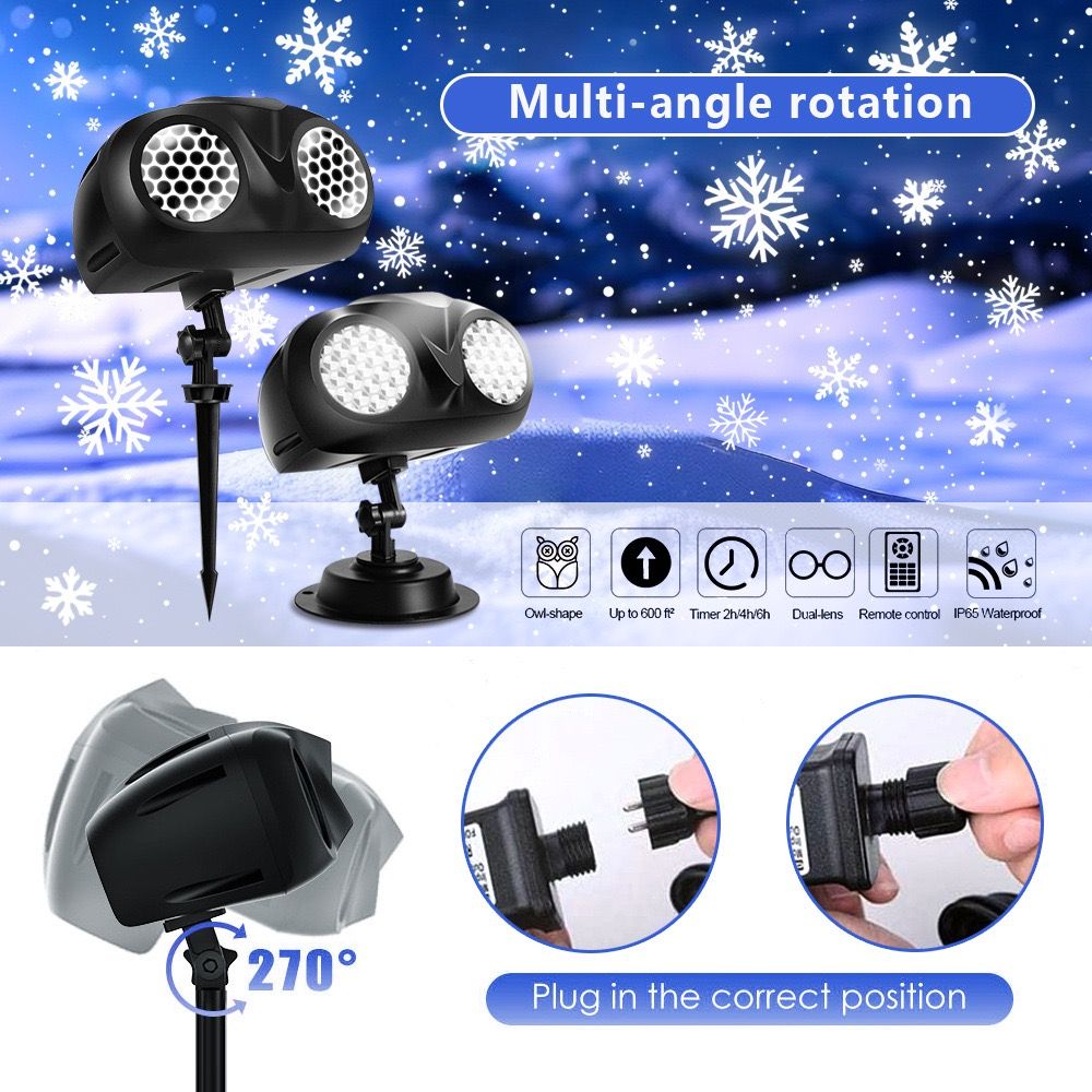 LED Snowflake Projection Owl Light, Dual Lens Dynamic Snowfall Effect for Indoor Christmas Decor and Outdoor Garden Waterproof Landscape Lighting (Black)