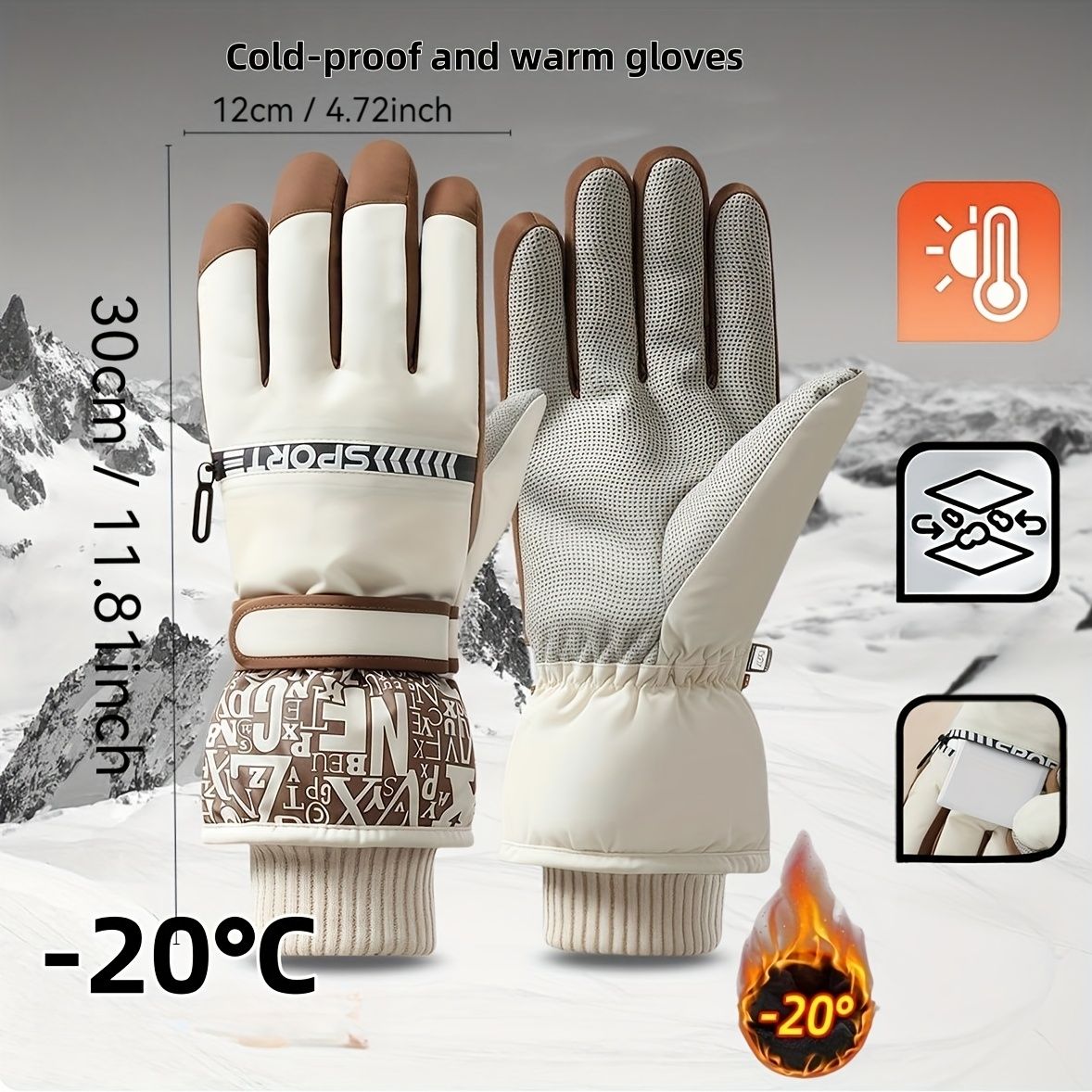 Winter Snow Ski Gloves with Touchscreen Compatibility, Windproof and Waterproof, Thick Fleece Lining, Adjustable Wrist Strap, Ideal for Outdoor Sports and Daily Cold Weather Use (Beige)
