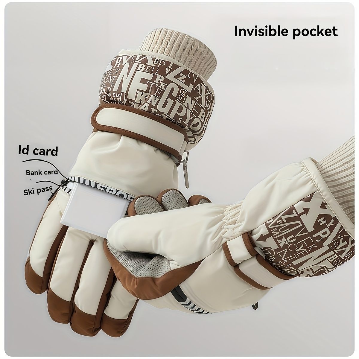 Winter Snow Ski Gloves with Touchscreen Compatibility, Windproof and Waterproof, Thick Fleece Lining, Adjustable Wrist Strap, Ideal for Outdoor Sports and Daily Cold Weather Use (Beige)