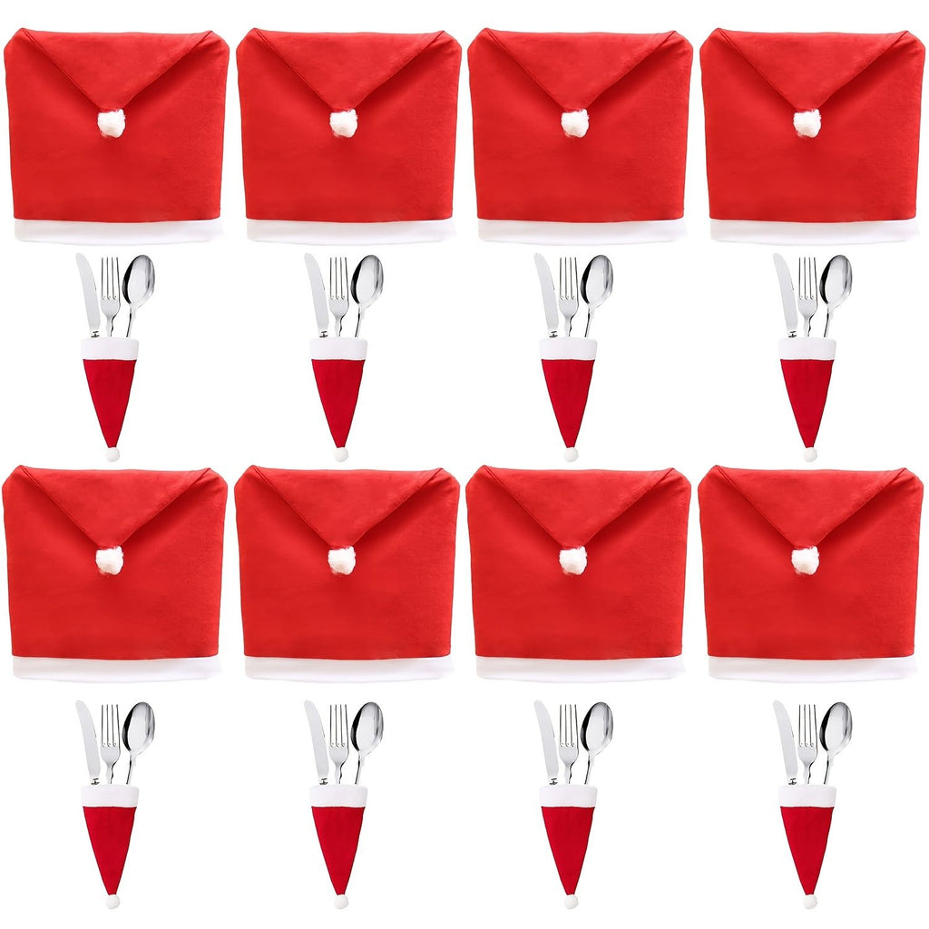 Christmas Decoration 16-Piece Set: Festive Chair Covers and Mini Santa Hat Utensil Sleeves for Holiday Dinner Parties, Table Decor, and Wine Bottle Accents (Red)