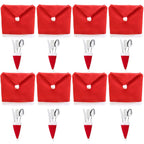 Christmas Decoration 16-Piece Set: Festive Chair Covers and Mini Santa Hat Utensil Sleeves for Holiday Dinner Parties, Table Decor, and Wine Bottle Accents (Red)