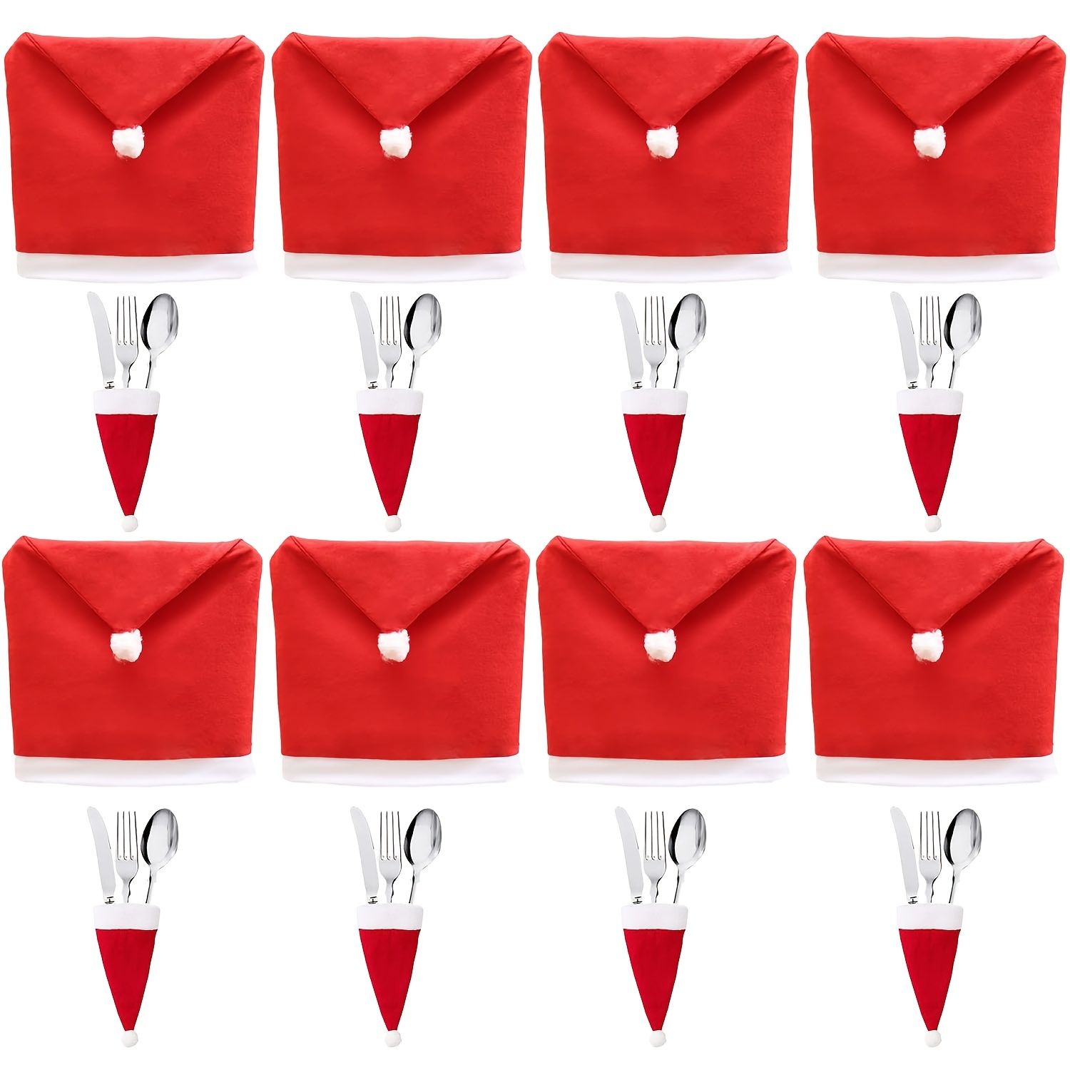 Christmas Decoration 16-Piece Set: Festive Chair Covers and Mini Santa Hat Utensil Sleeves for Holiday Dinner Parties, Table Decor, and Wine Bottle Accents (Red)