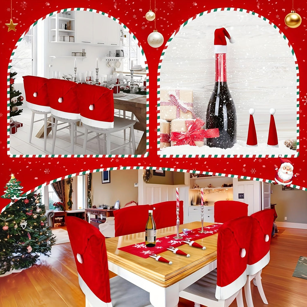 Christmas Decoration 16-Piece Set: Festive Chair Covers and Mini Santa Hat Utensil Sleeves for Holiday Dinner Parties, Table Decor, and Wine Bottle Accents (Red)