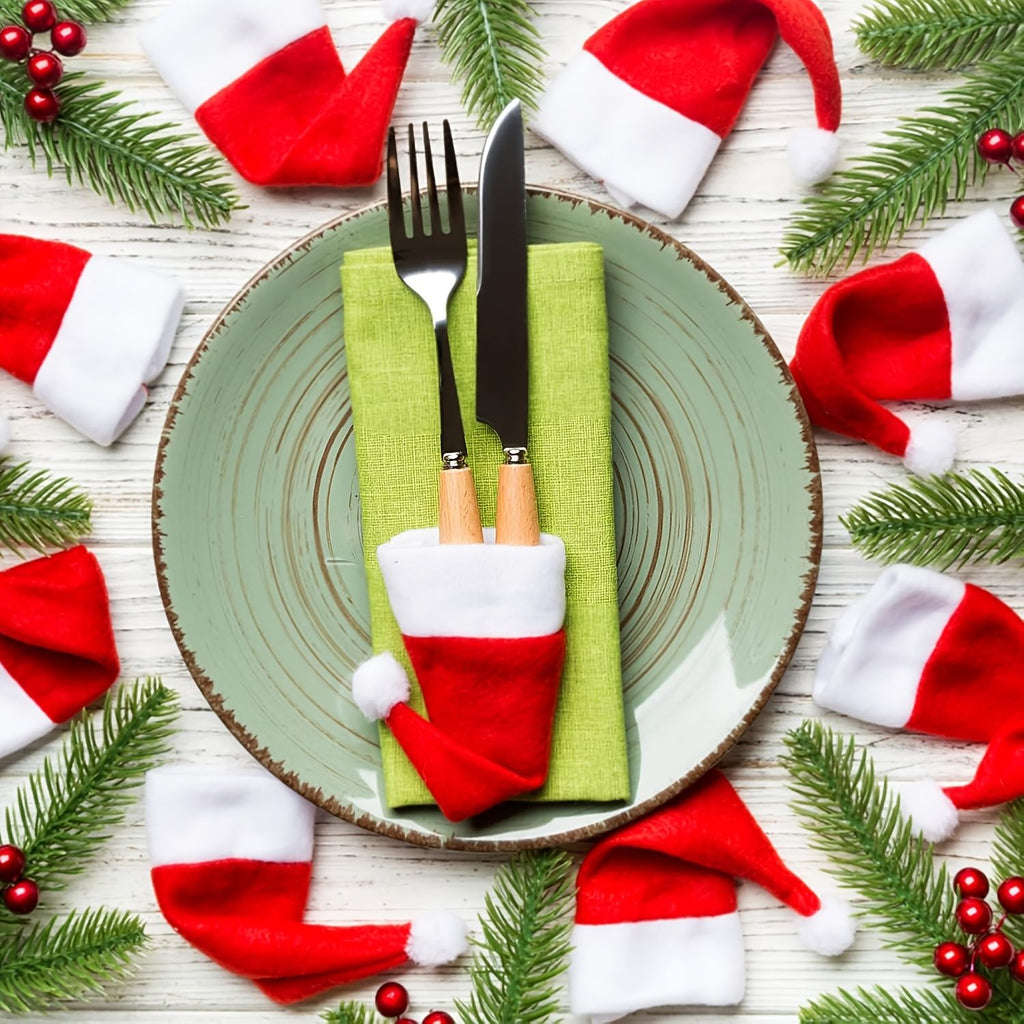 Christmas Decoration 16-Piece Set: Festive Chair Covers and Mini Santa Hat Utensil Sleeves for Holiday Dinner Parties, Table Decor, and Wine Bottle Accents (Red)