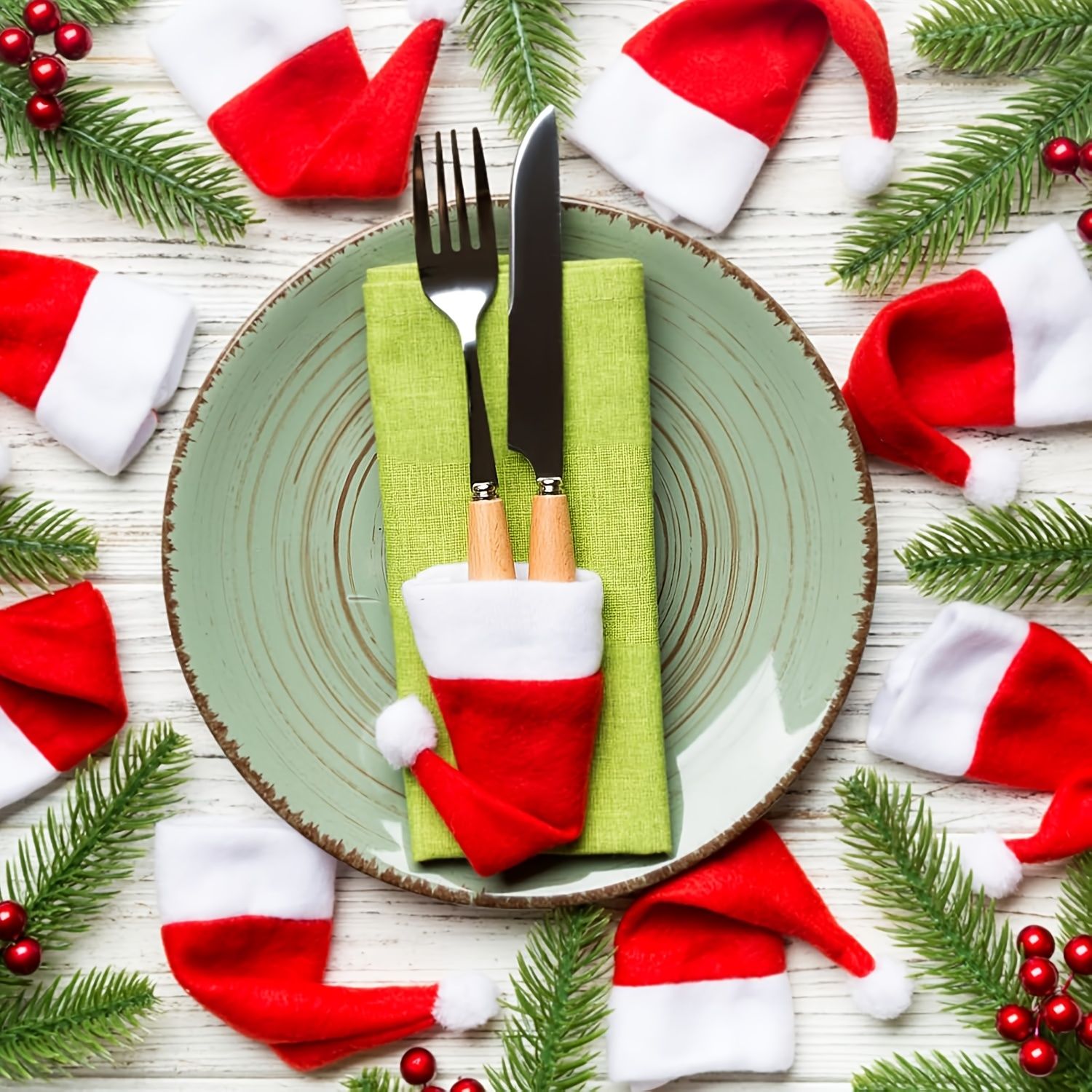 Christmas Decoration 16-Piece Set: Festive Chair Covers and Mini Santa Hat Utensil Sleeves for Holiday Dinner Parties, Table Decor, and Wine Bottle Accents (Red)