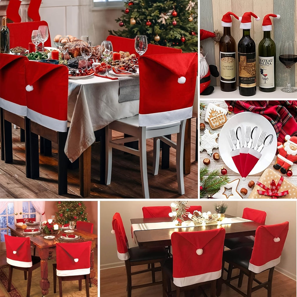 Christmas Decoration 16-Piece Set: Festive Chair Covers and Mini Santa Hat Utensil Sleeves for Holiday Dinner Parties, Table Decor, and Wine Bottle Accents (Red)